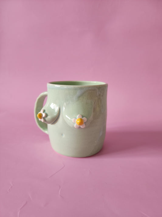 Boob mug - mint green + daisies