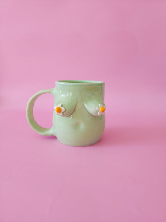 Boob mug - mint green + daisies