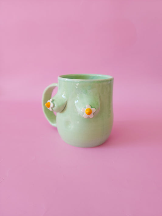 Boob mug - mint green + daisies