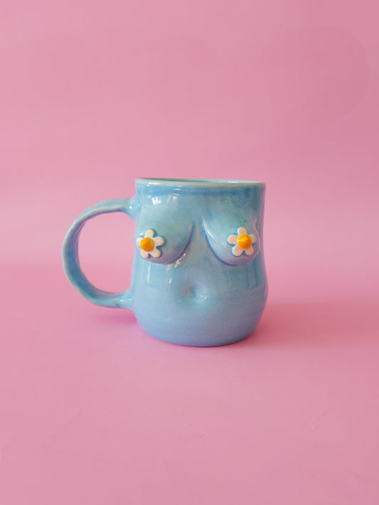 Boob mug - blue + daisies