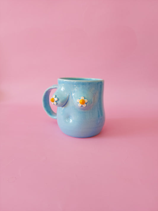 Boob mug - blue + daisies