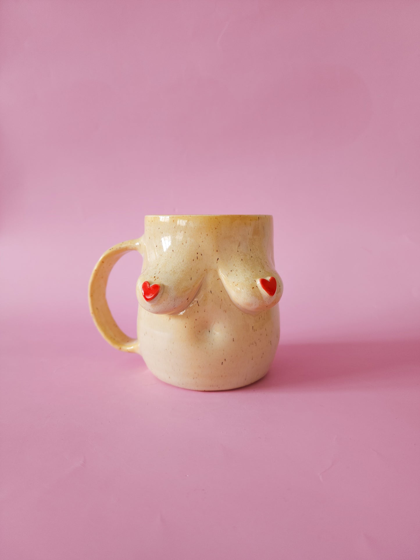 Boob mug - speckle + red hearts