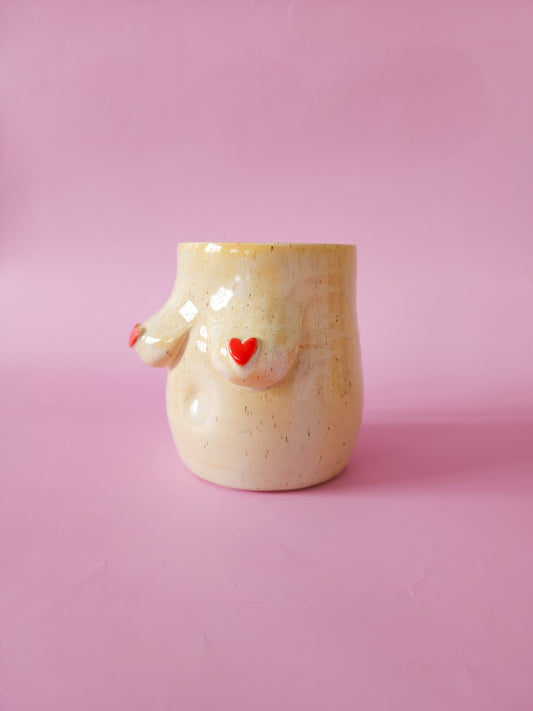 Boob mug - speckle + red hearts