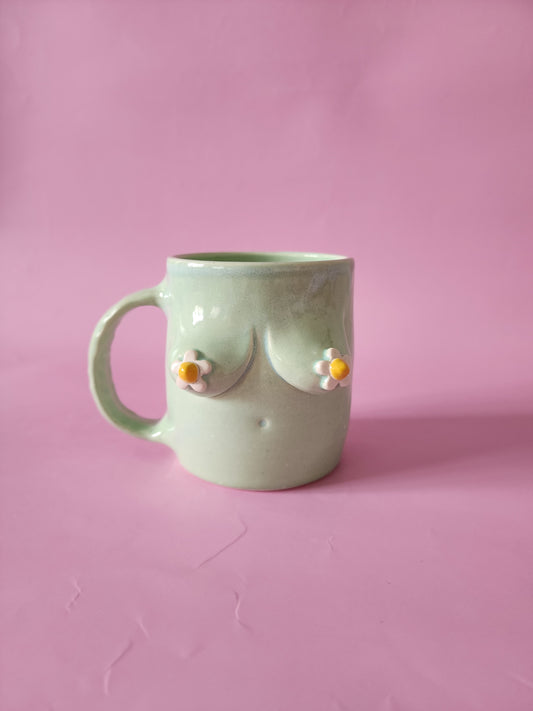 Boob mug - mint green + daisies