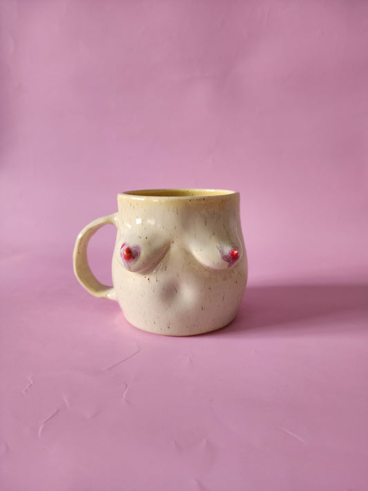 Boob mug - speckled + red heart nipples