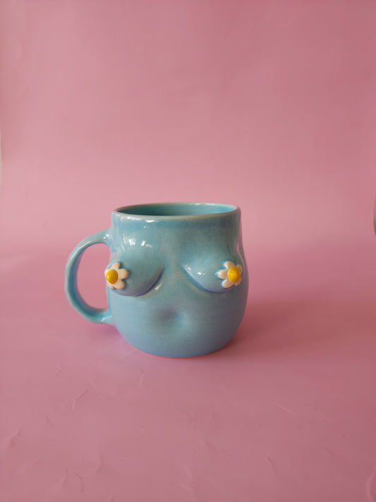 Boob mug - blue + daisies