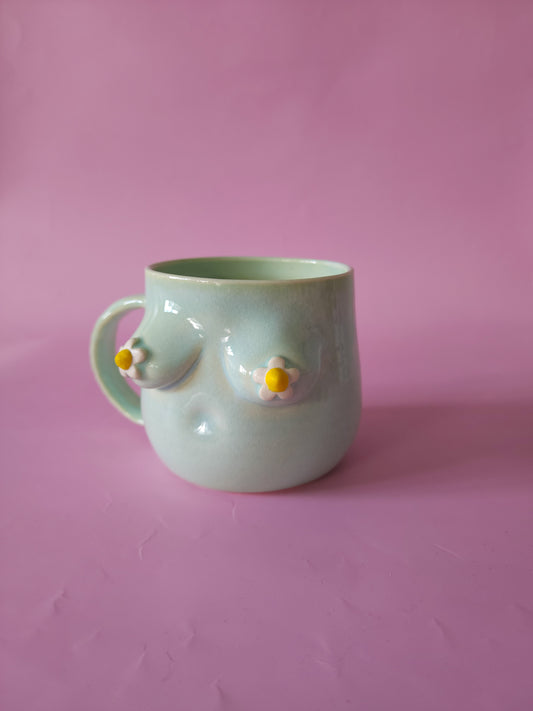 Boob mug - mint green + daisies