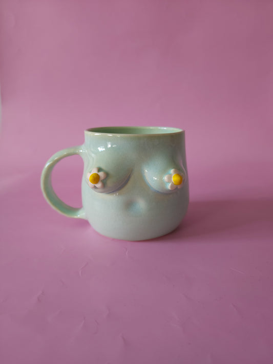 Boob mug - mint green + daisies